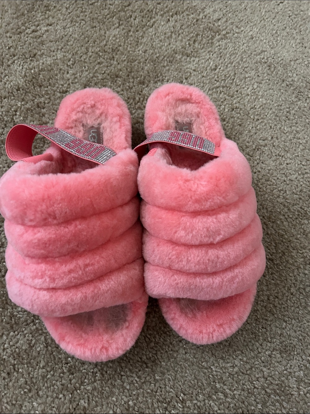 UGG Pink Shearling Slide Sandals with Crystal Logo Strap - Picture 2 of 5
